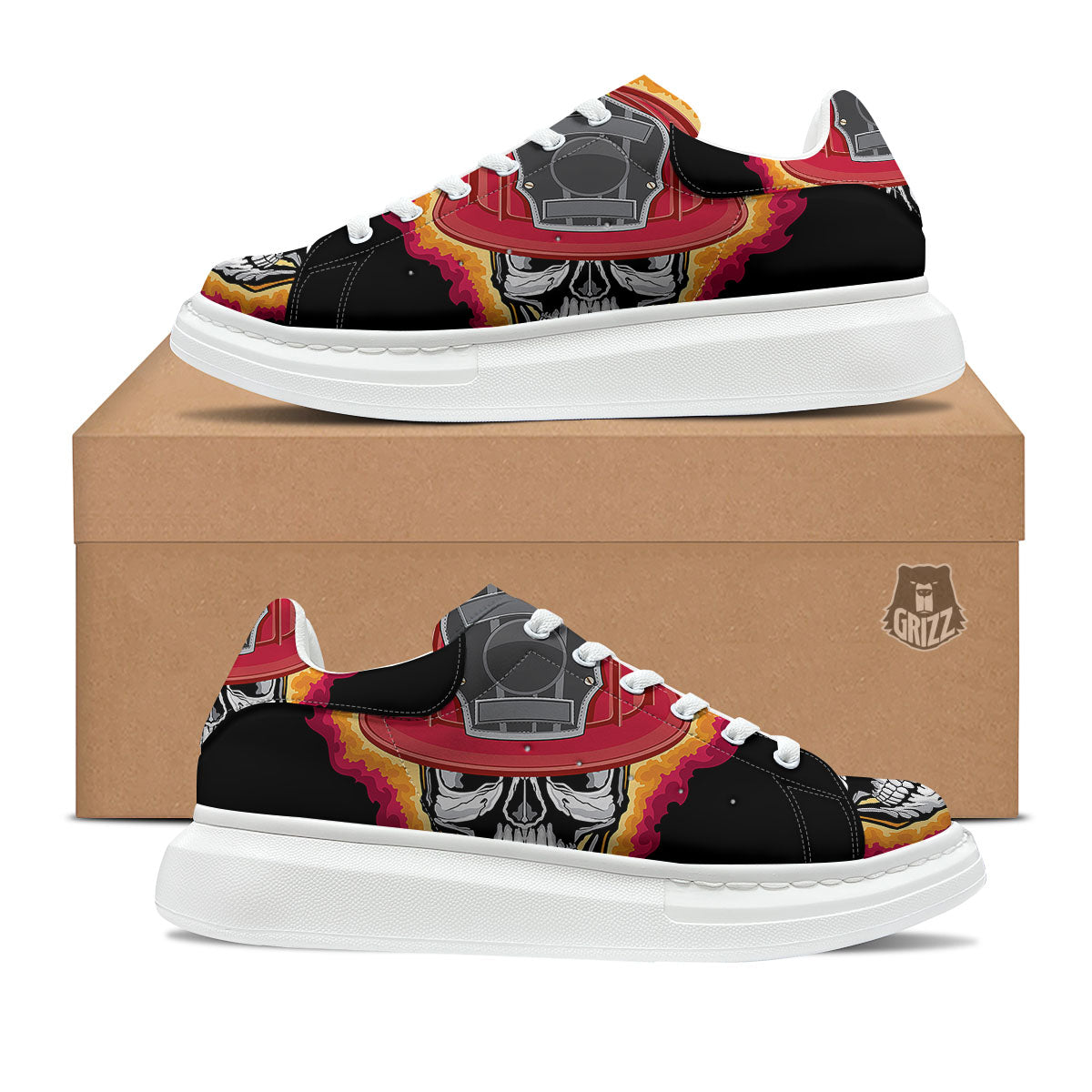 Firefighter Skull Flaming Print Platform Shoes-grizzshop