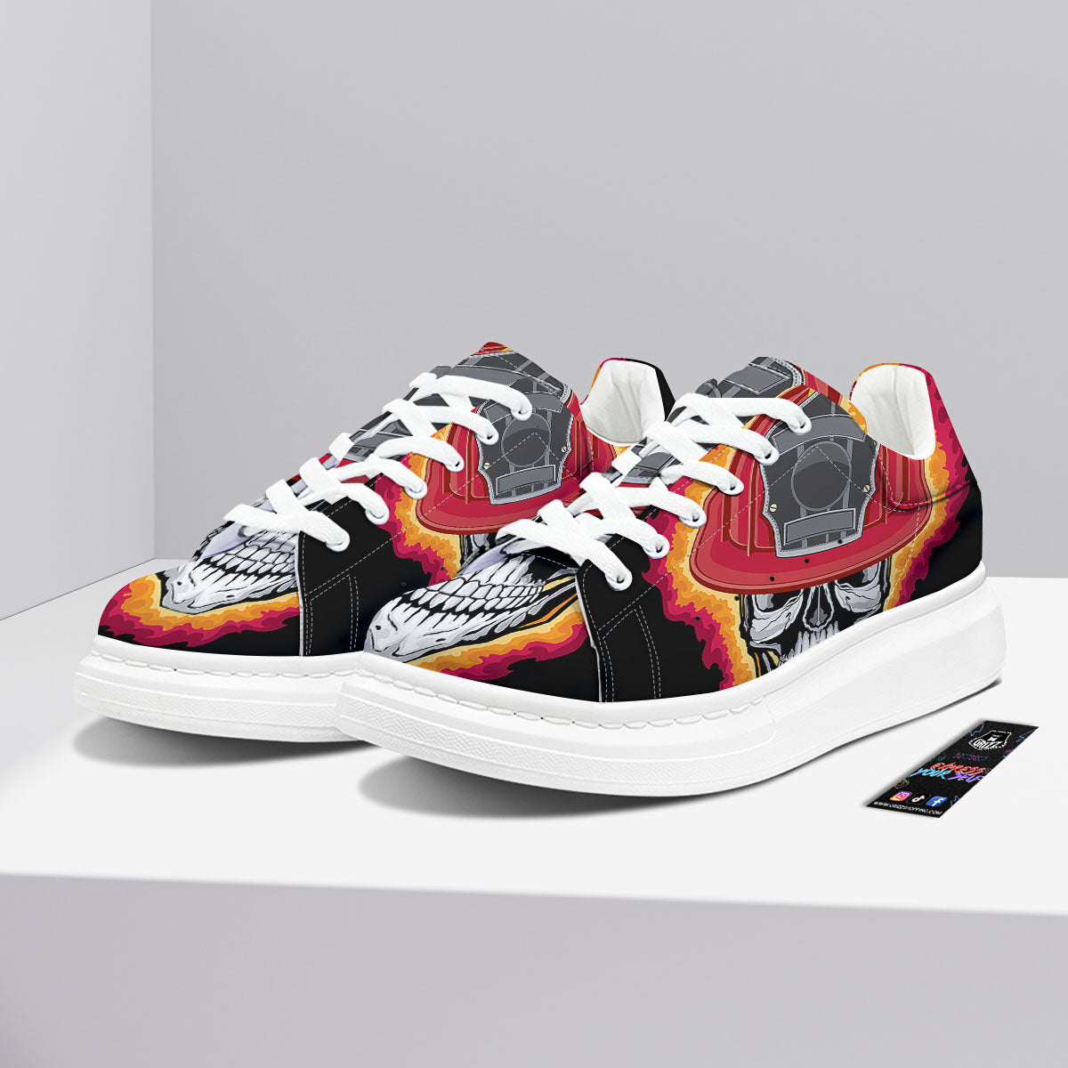 Firefighter Skull Flaming Print Platform Shoes-grizzshop