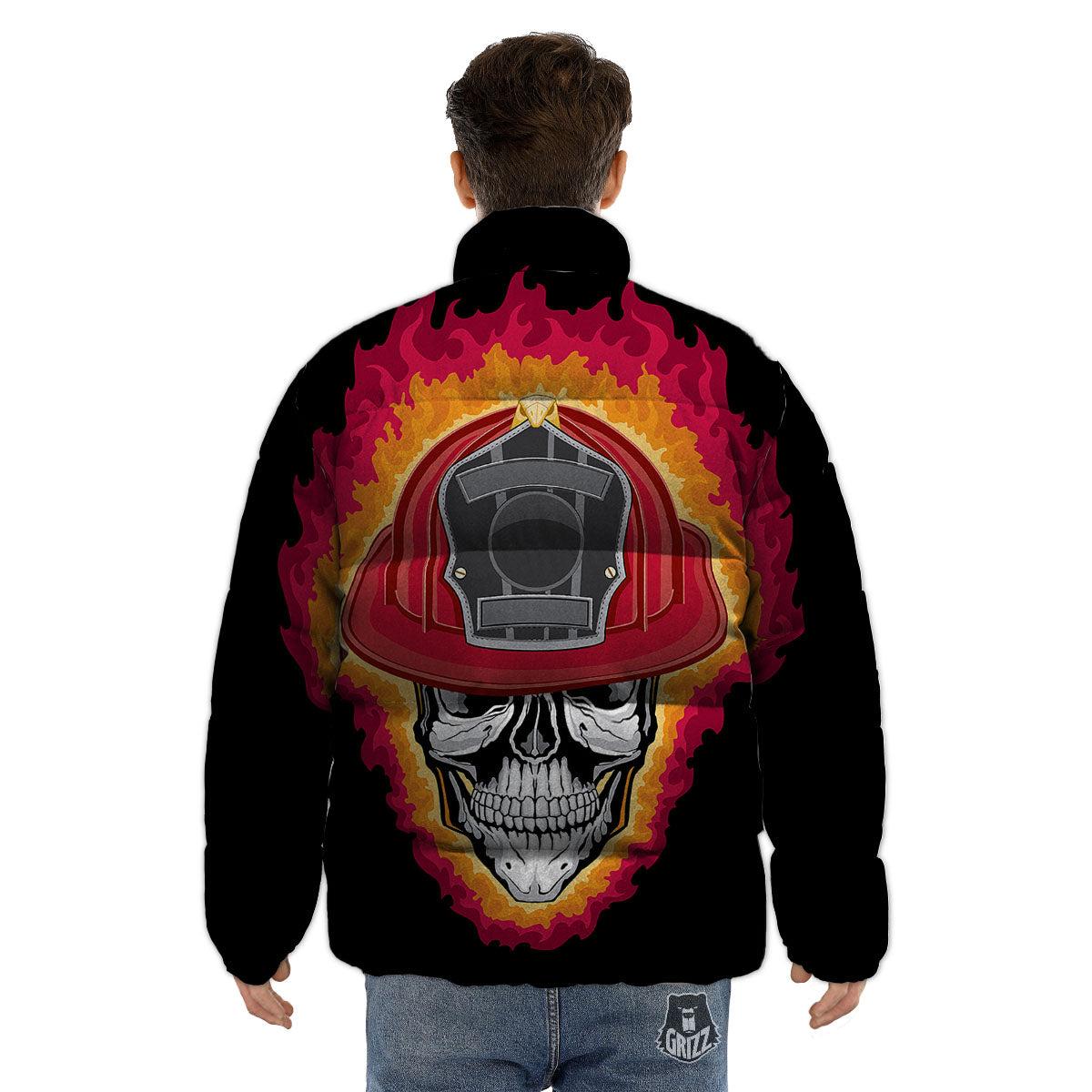 Firefighter Skull Flaming Print Puffer Jacket-grizzshop
