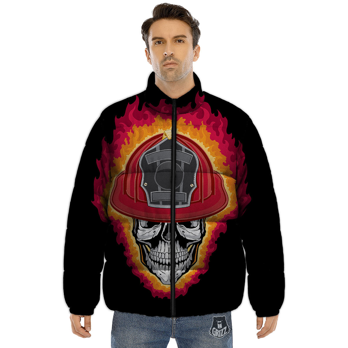 Firefighter Skull Flaming Print Puffer Jacket-grizzshop