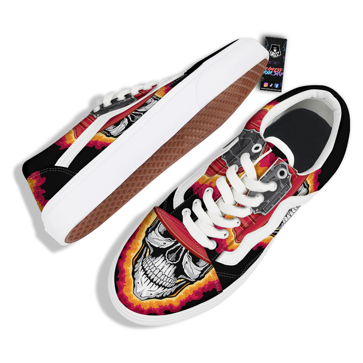Firefighter Skull Flaming Print Skate Shoes-grizzshop