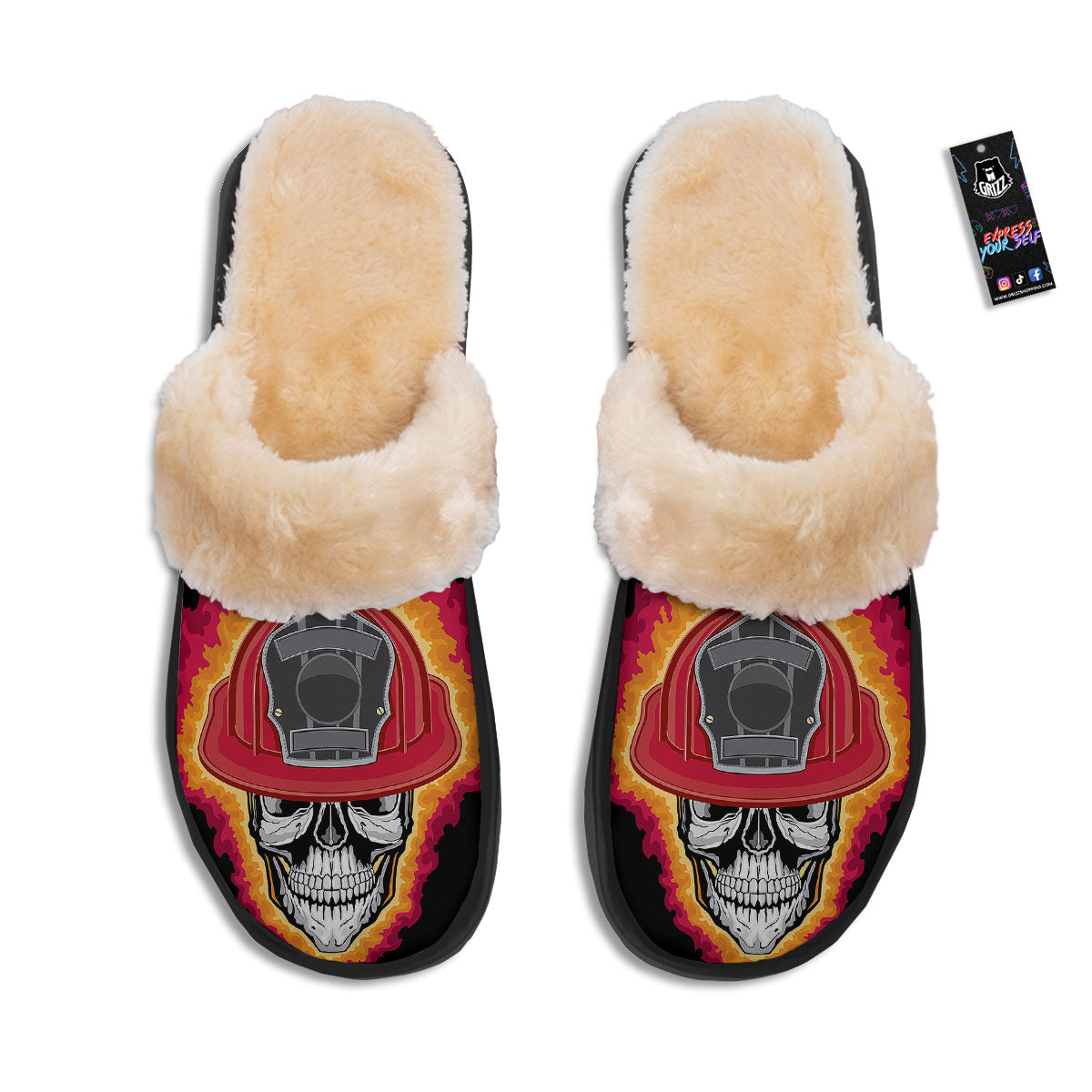 Firefighter Skull Flaming Print Slippers-grizzshop