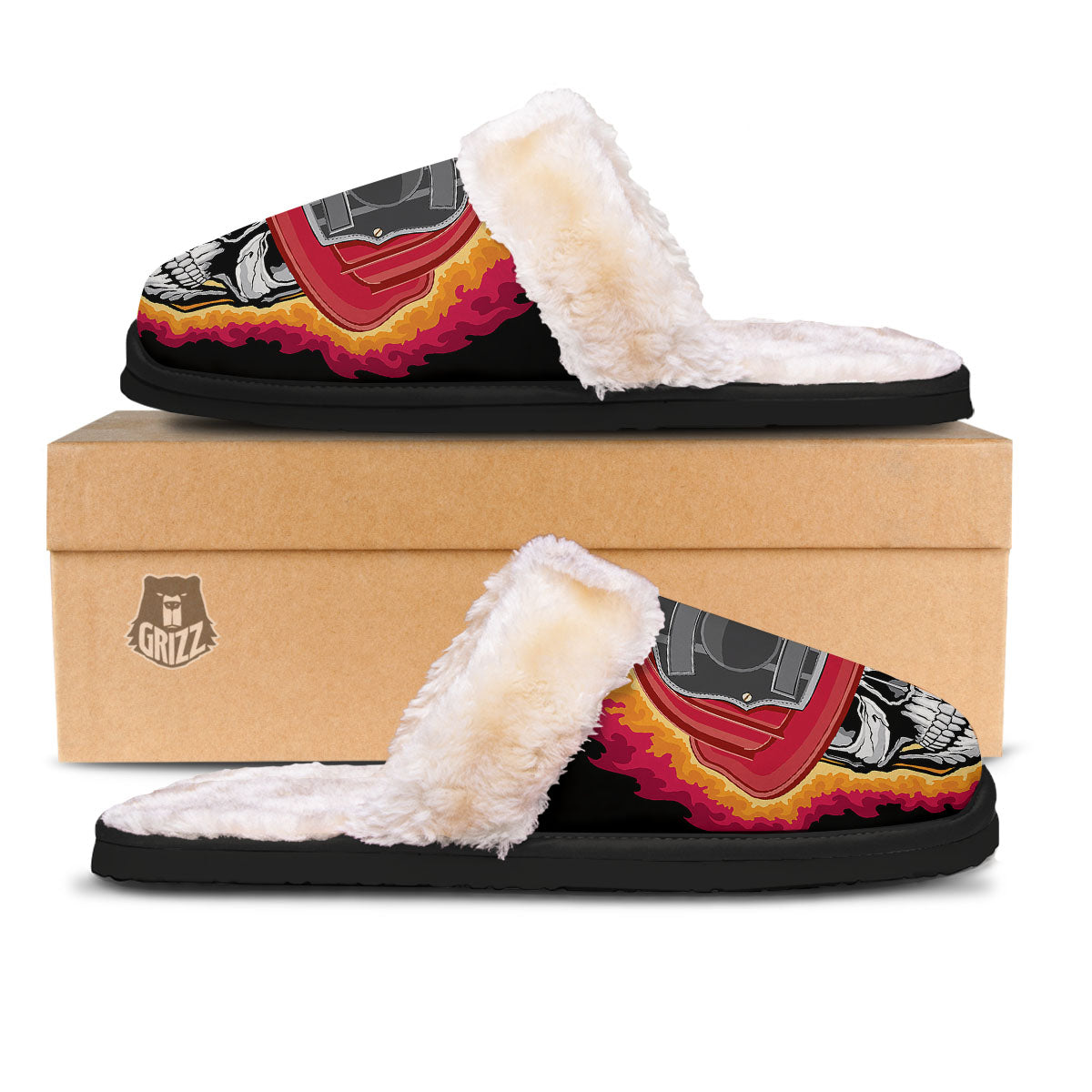 Firefighter Skull Flaming Print Slippers-grizzshop