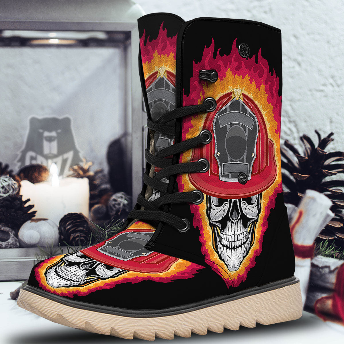 Firefighter Skull Flaming Print Snow Boots-grizzshop