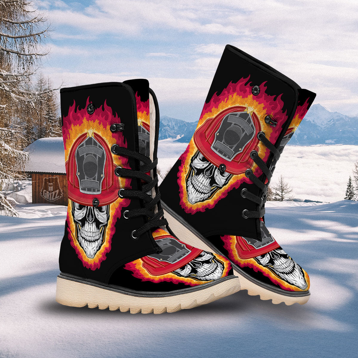Firefighter Skull Flaming Print Snow Boots-grizzshop