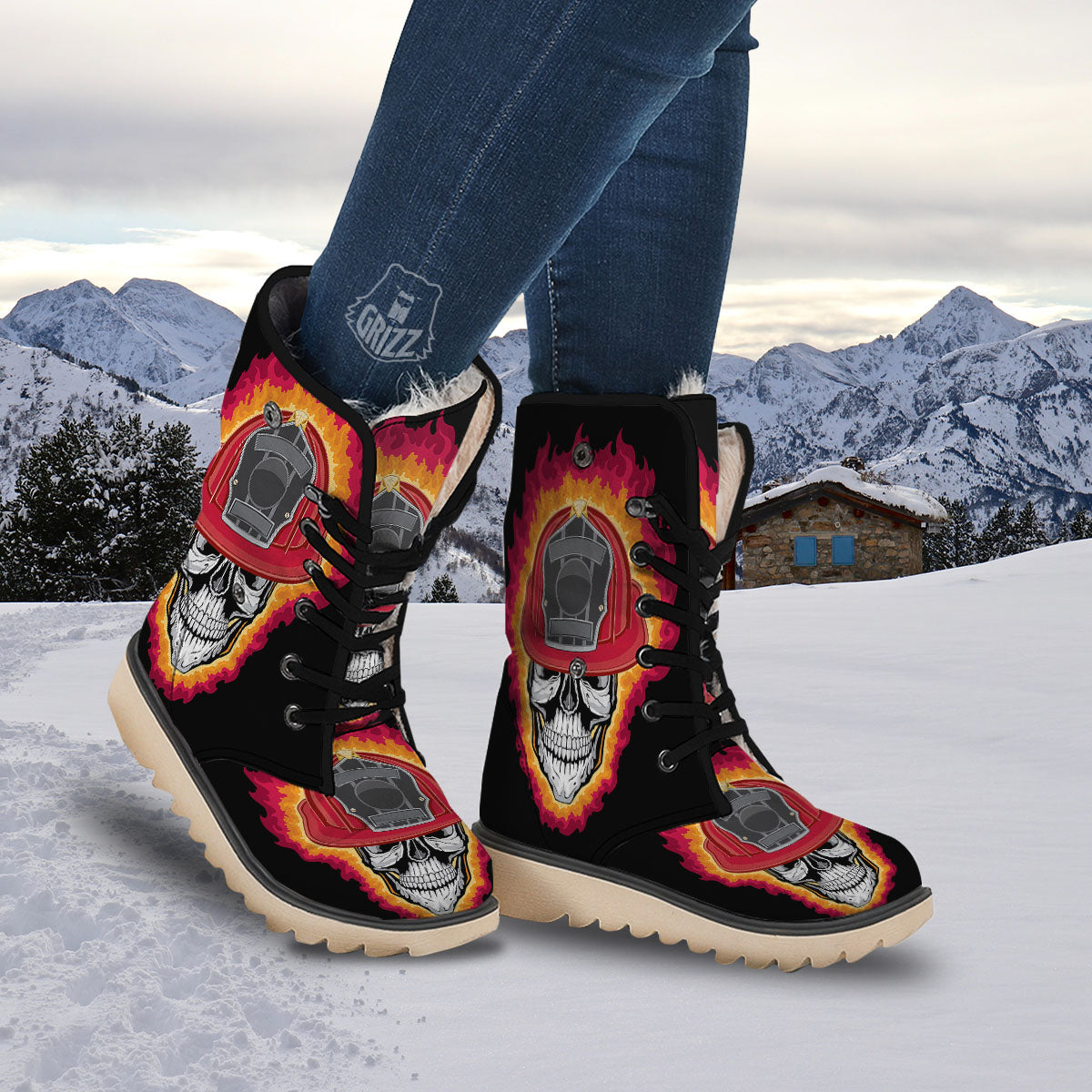 Firefighter Skull Flaming Print Snow Boots-grizzshop