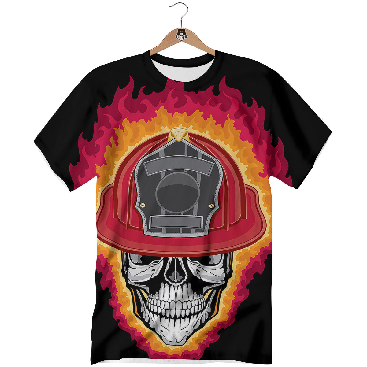 Firefighter Skull Flaming Print T-Shirt-grizzshop