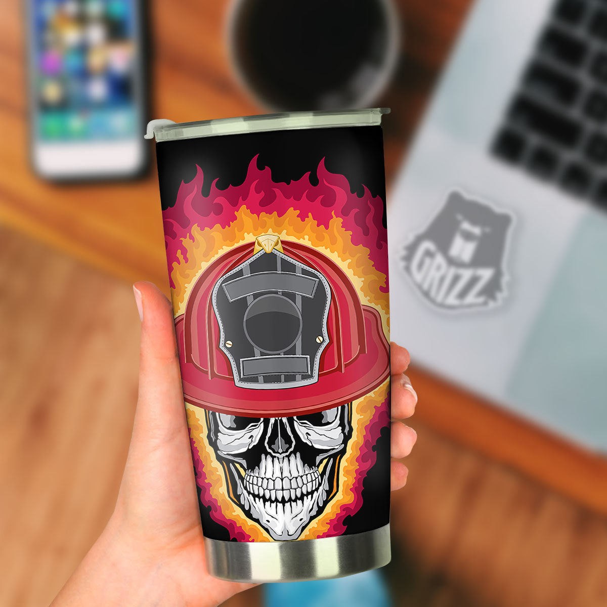 Firefighter Skull Flaming Print Tumbler-grizzshop