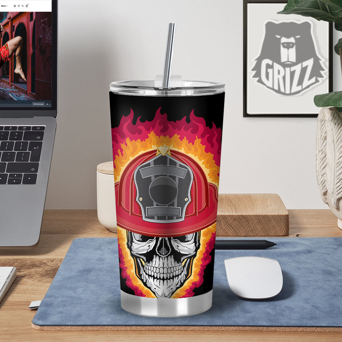 Firefighter Skull Flaming Print Tumbler-grizzshop