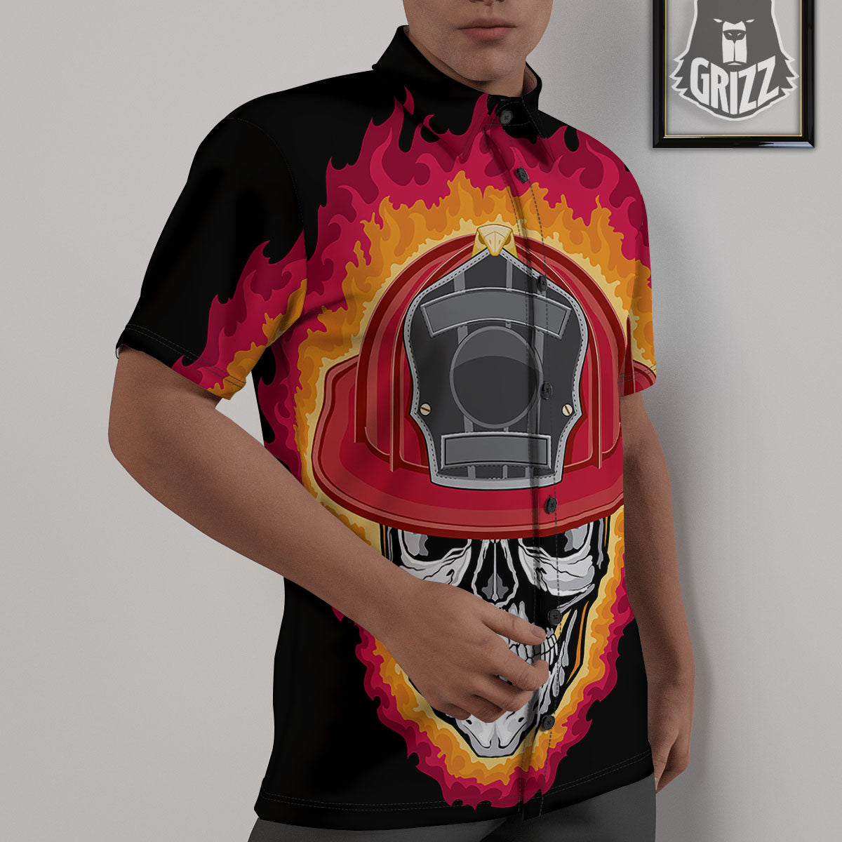 Firefighter Skull Flaming Print Untucked Shirts-grizzshop