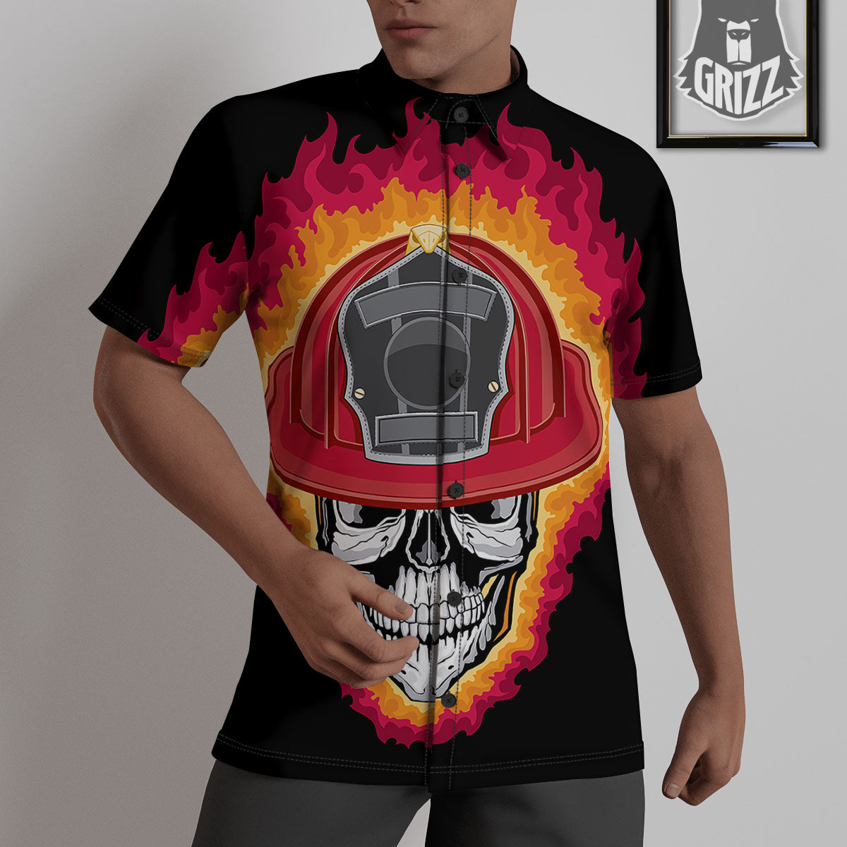 Firefighter Skull Flaming Print Untucked Shirts-grizzshop