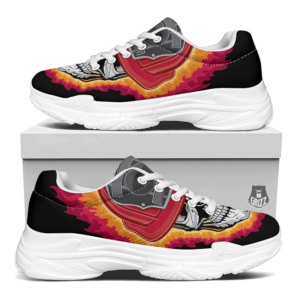 Firefighter Skull Flaming Print White Chunky Shoes-grizzshop