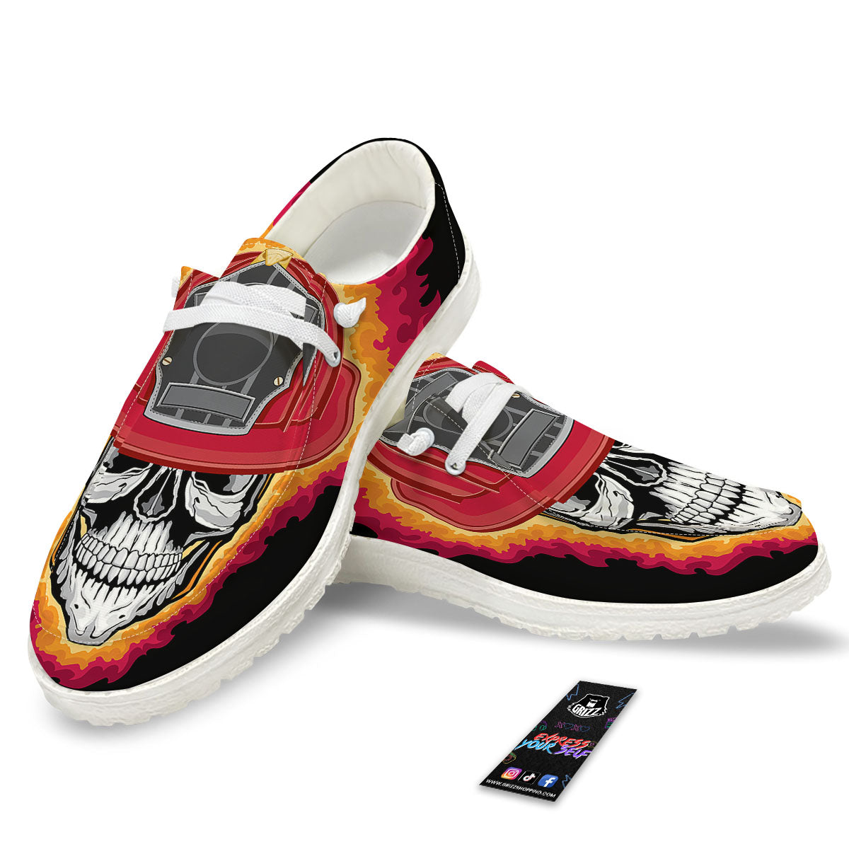 Firefighter Skull Flaming Print White Loafers-grizzshop