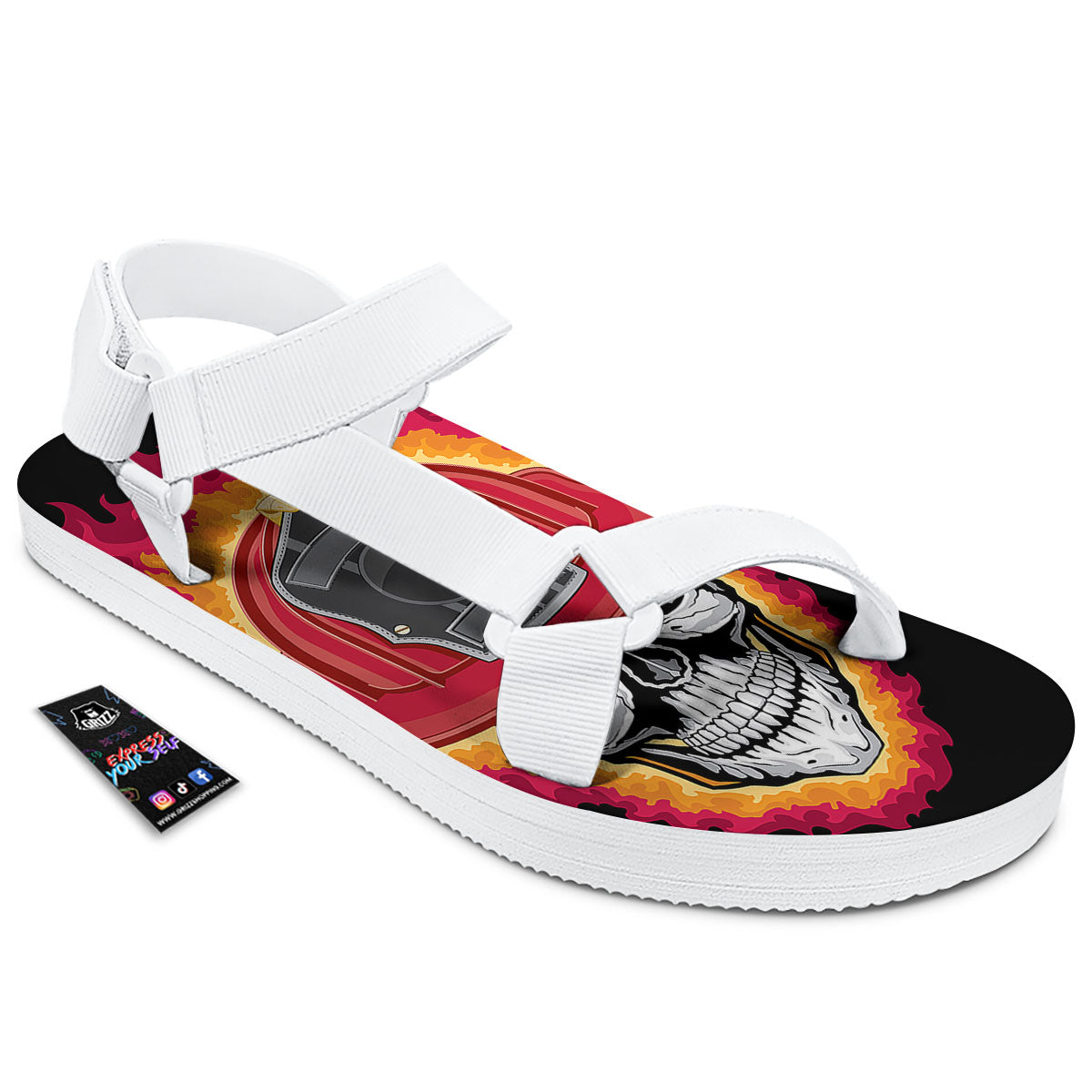 Firefighter Skull Flaming Print White Open Toe Sandals-grizzshop