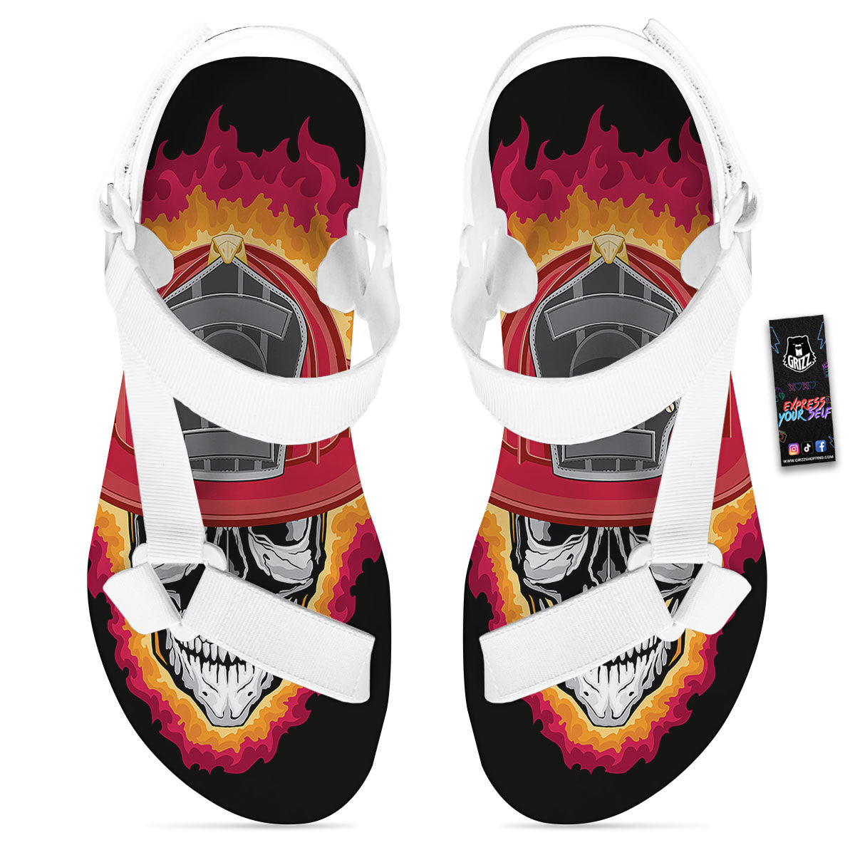 Firefighter Skull Flaming Print White Open Toe Sandals-grizzshop