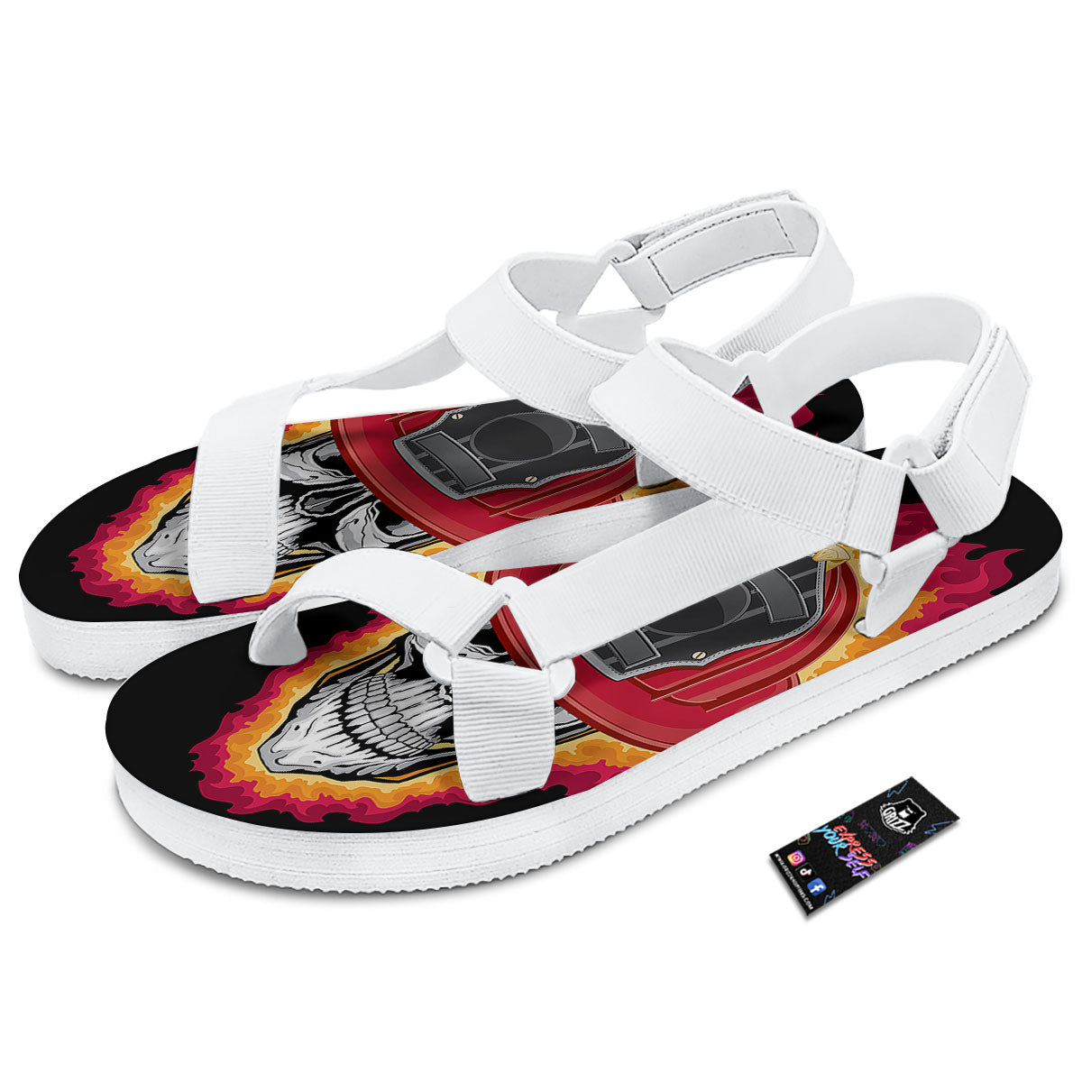 Firefighter Skull Flaming Print White Open Toe Sandals-grizzshop