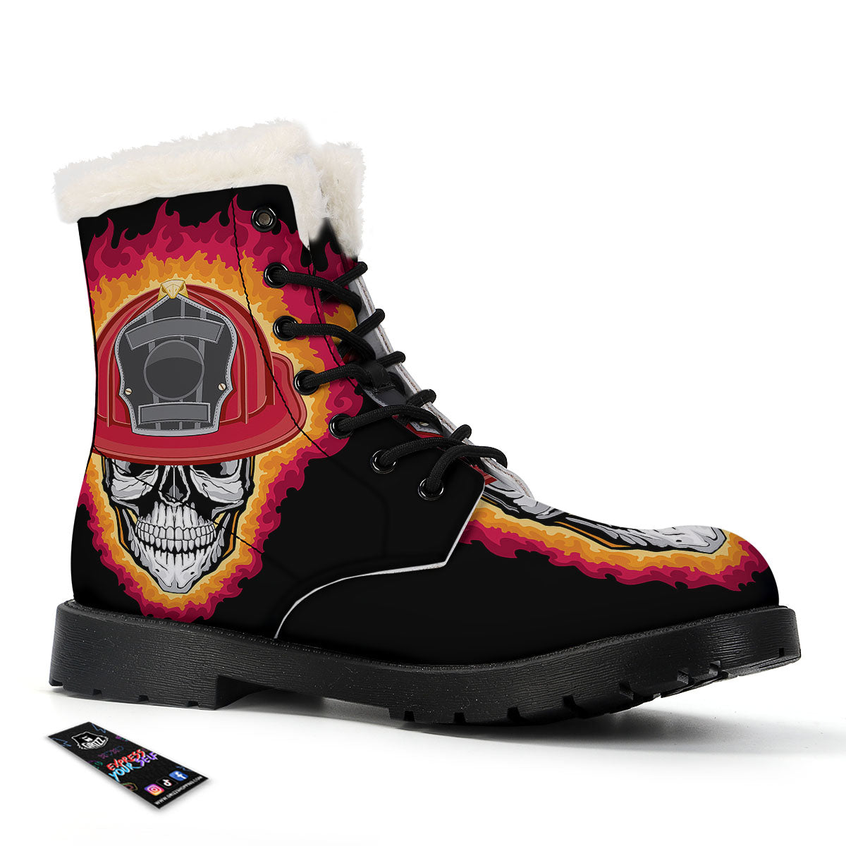 Firefighter Skull Flaming Print Winter Boots-grizzshop