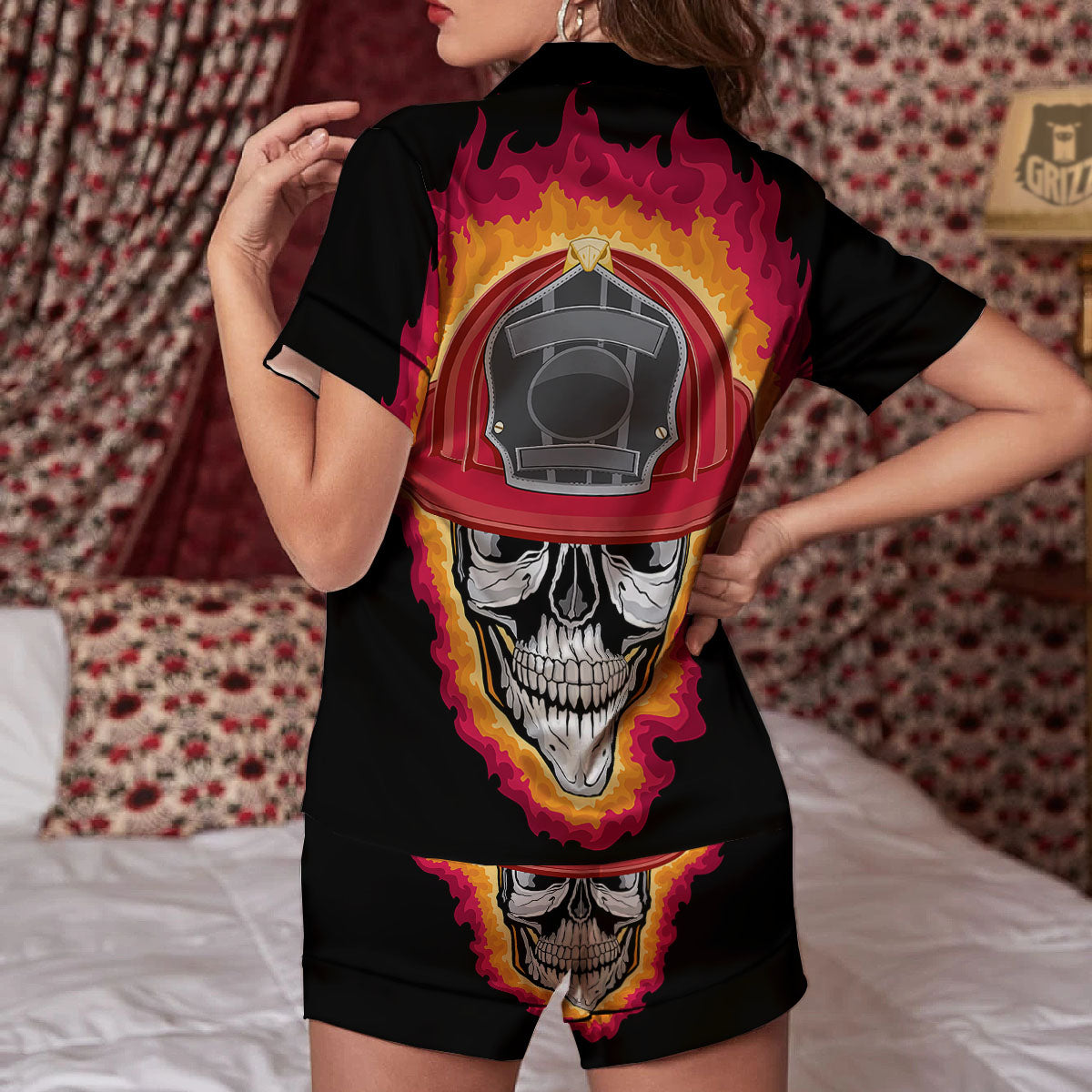 Firefighter Skull Flaming Print Women Silk Pajamas-grizzshop