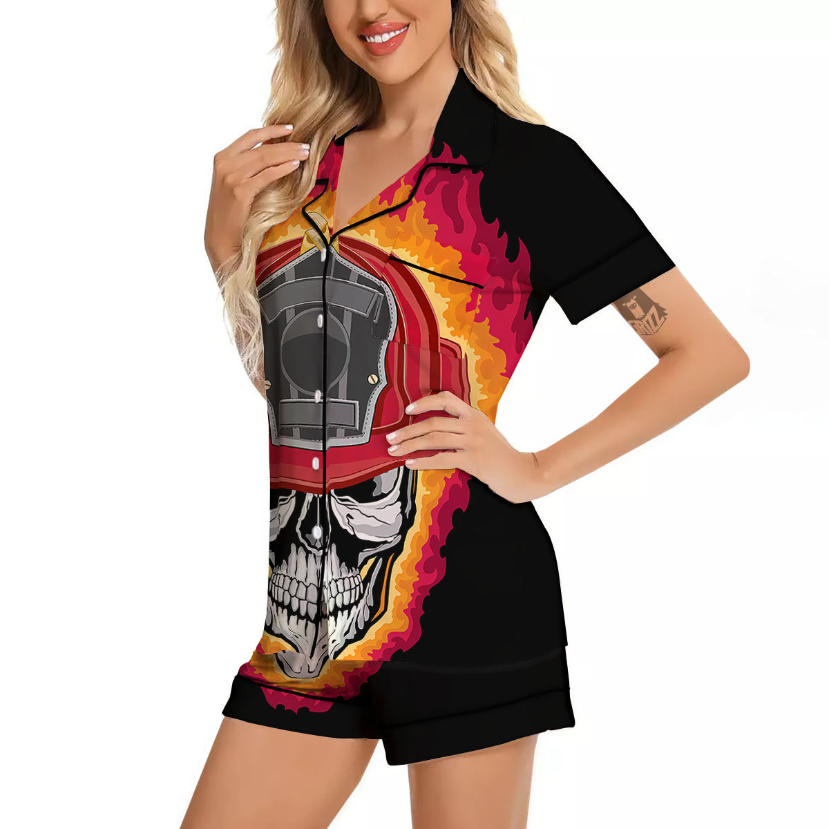Firefighter Skull Flaming Print Women Silk Pajamas-grizzshop