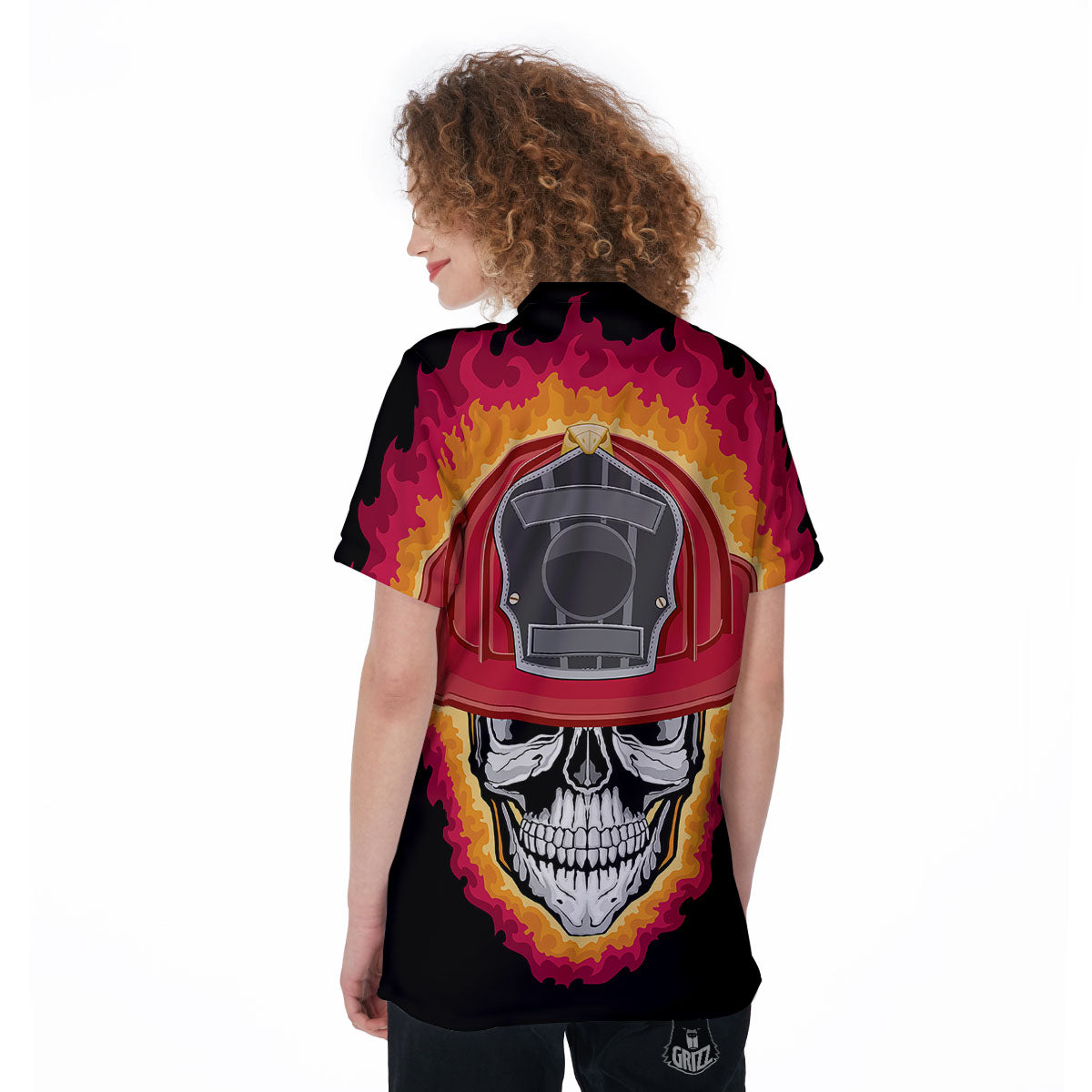 Firefighter Skull Flaming Print Women's Golf Shirts-grizzshop