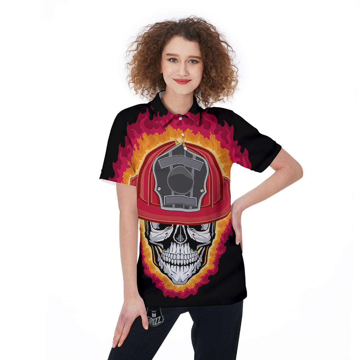 Firefighter Skull Flaming Print Women's Golf Shirts-grizzshop