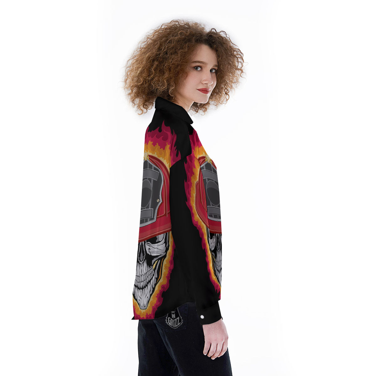 Firefighter Skull Flaming Print Women's Long Sleeve Shirts-grizzshop