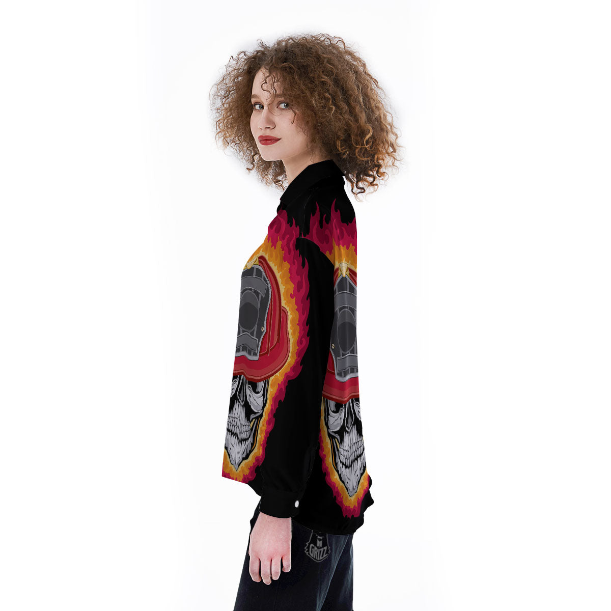 Firefighter Skull Flaming Print Women's Long Sleeve Shirts-grizzshop