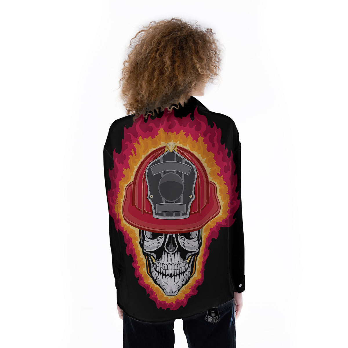 Firefighter Skull Flaming Print Women's Long Sleeve Shirts-grizzshop