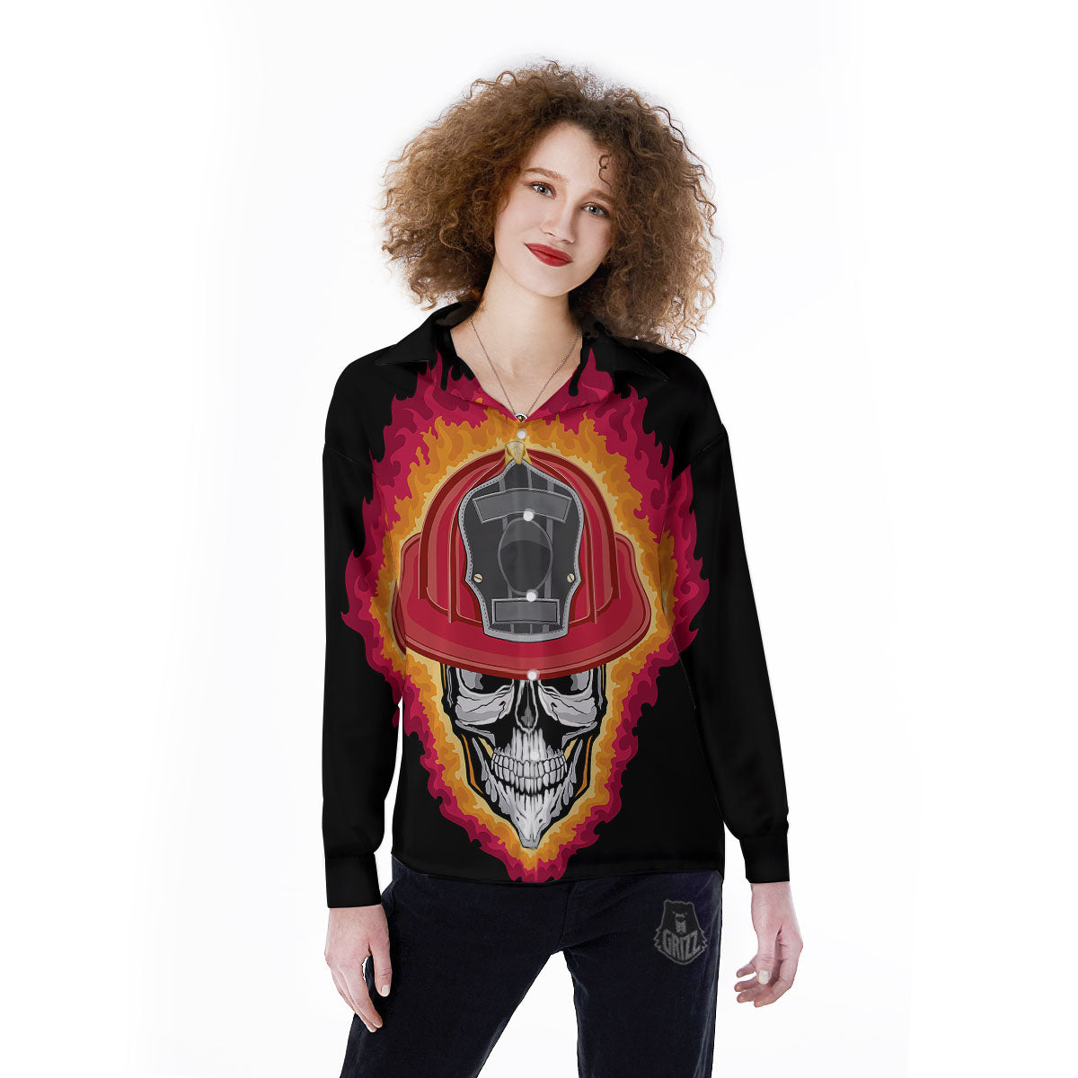 Firefighter Skull Flaming Print Women's Long Sleeve Shirts-grizzshop