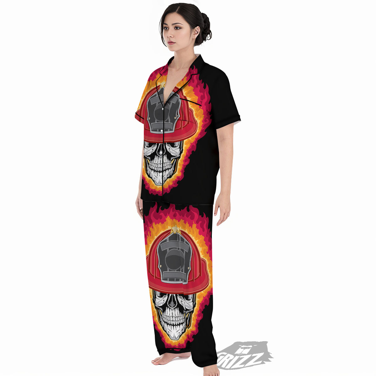 Firefighter Skull Flaming Print Women's Pajamas Set-grizzshop