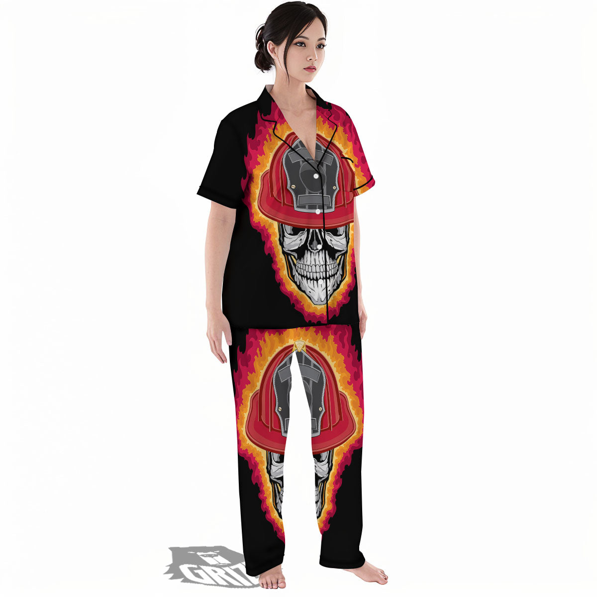 Firefighter Skull Flaming Print Women's Pajamas Set-grizzshop