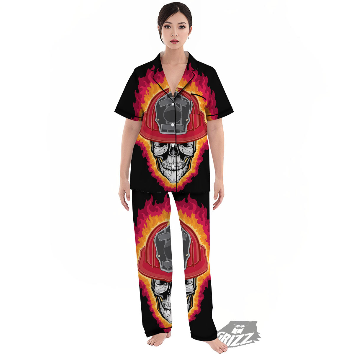 Firefighter Skull Flaming Print Women's Pajamas Set-grizzshop