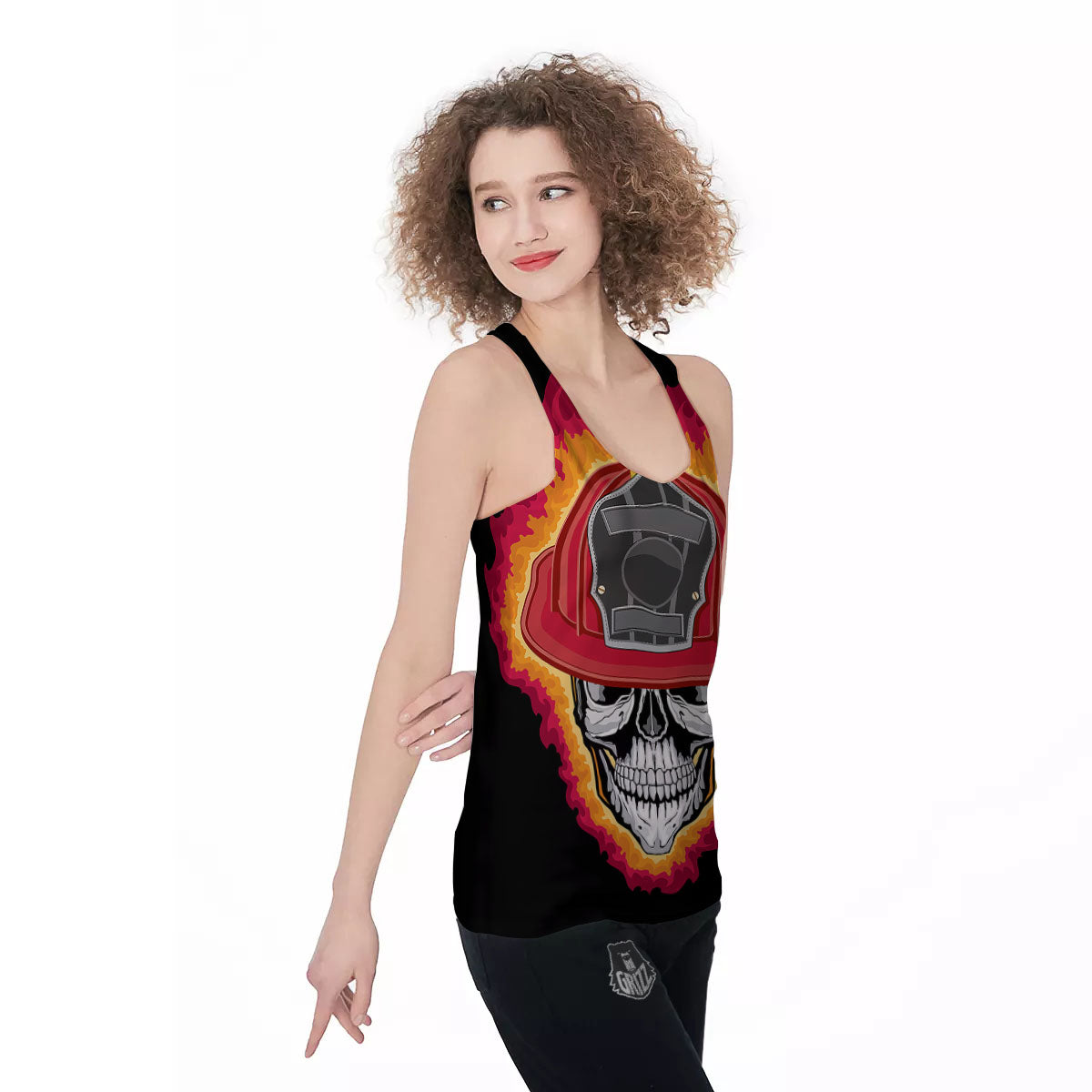 Firefighter Skull Flaming Print Women's Racerback Tank Top-grizzshop