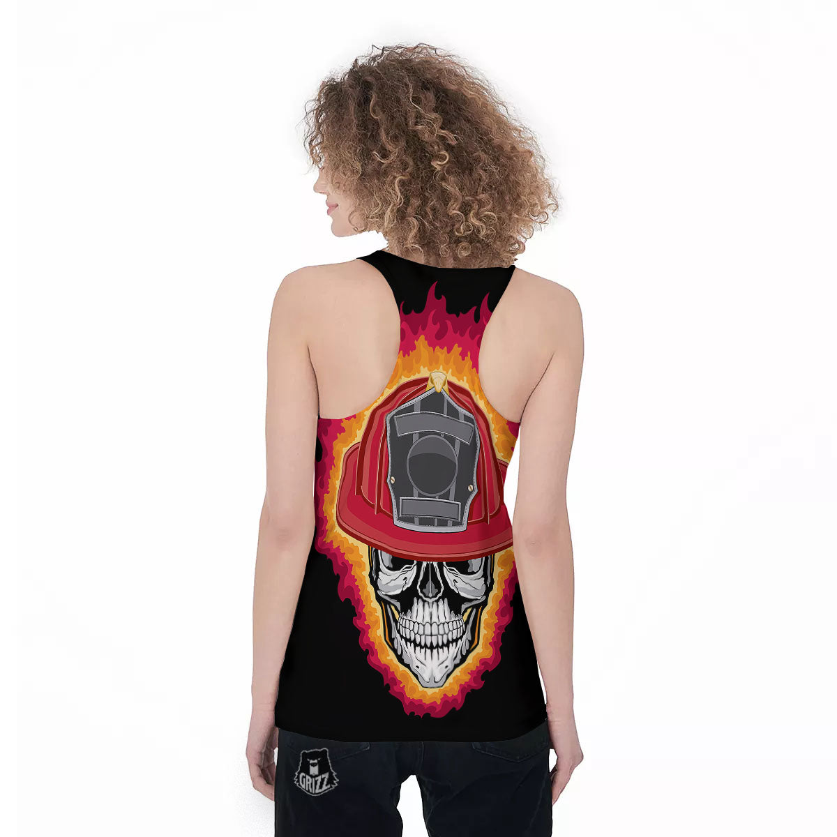 Firefighter Skull Flaming Print Women's Racerback Tank Top-grizzshop