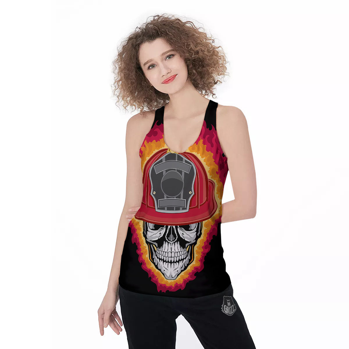Firefighter Skull Flaming Print Women's Racerback Tank Top-grizzshop