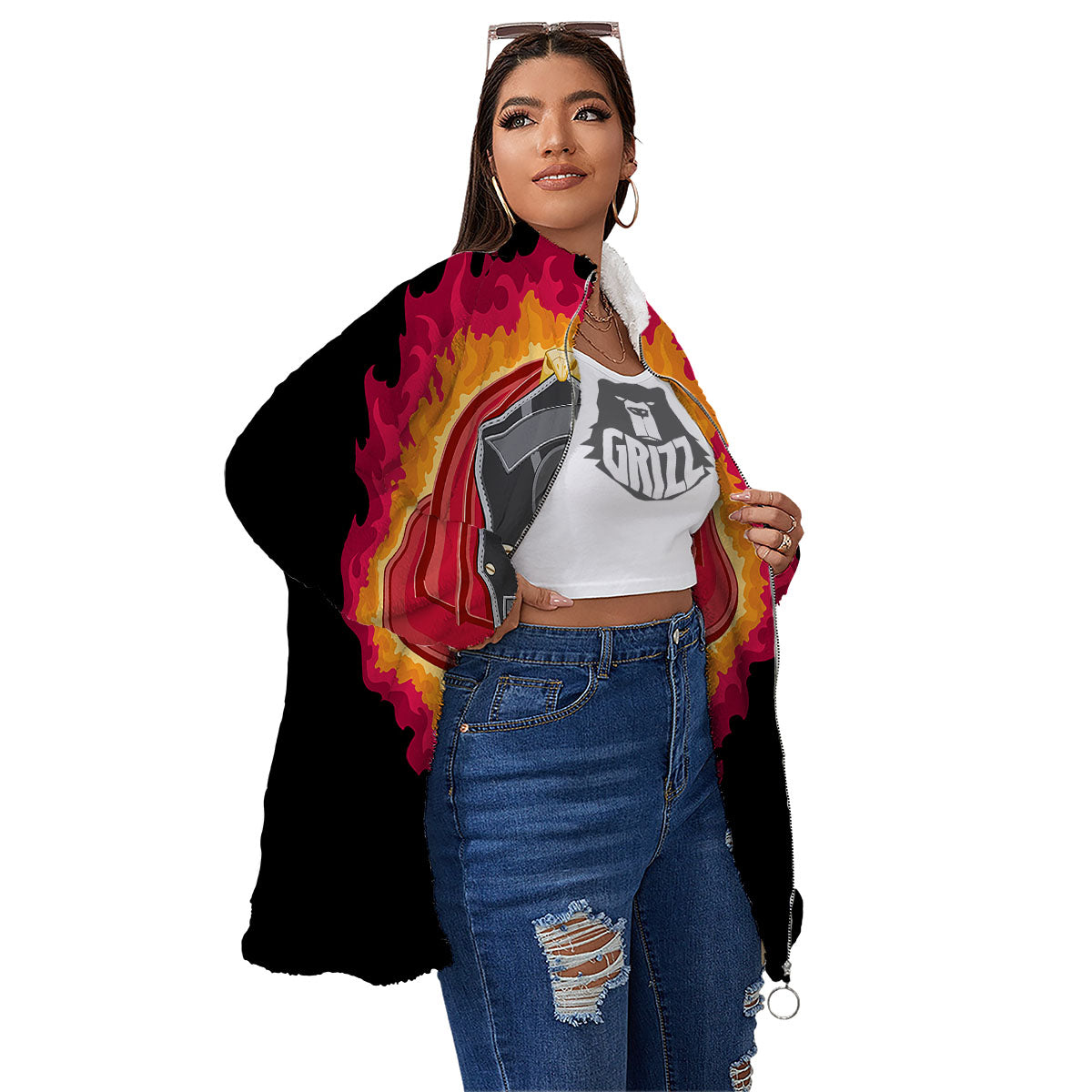 Firefighter Skull Flaming Print Women's Sherpa Jacket-grizzshop