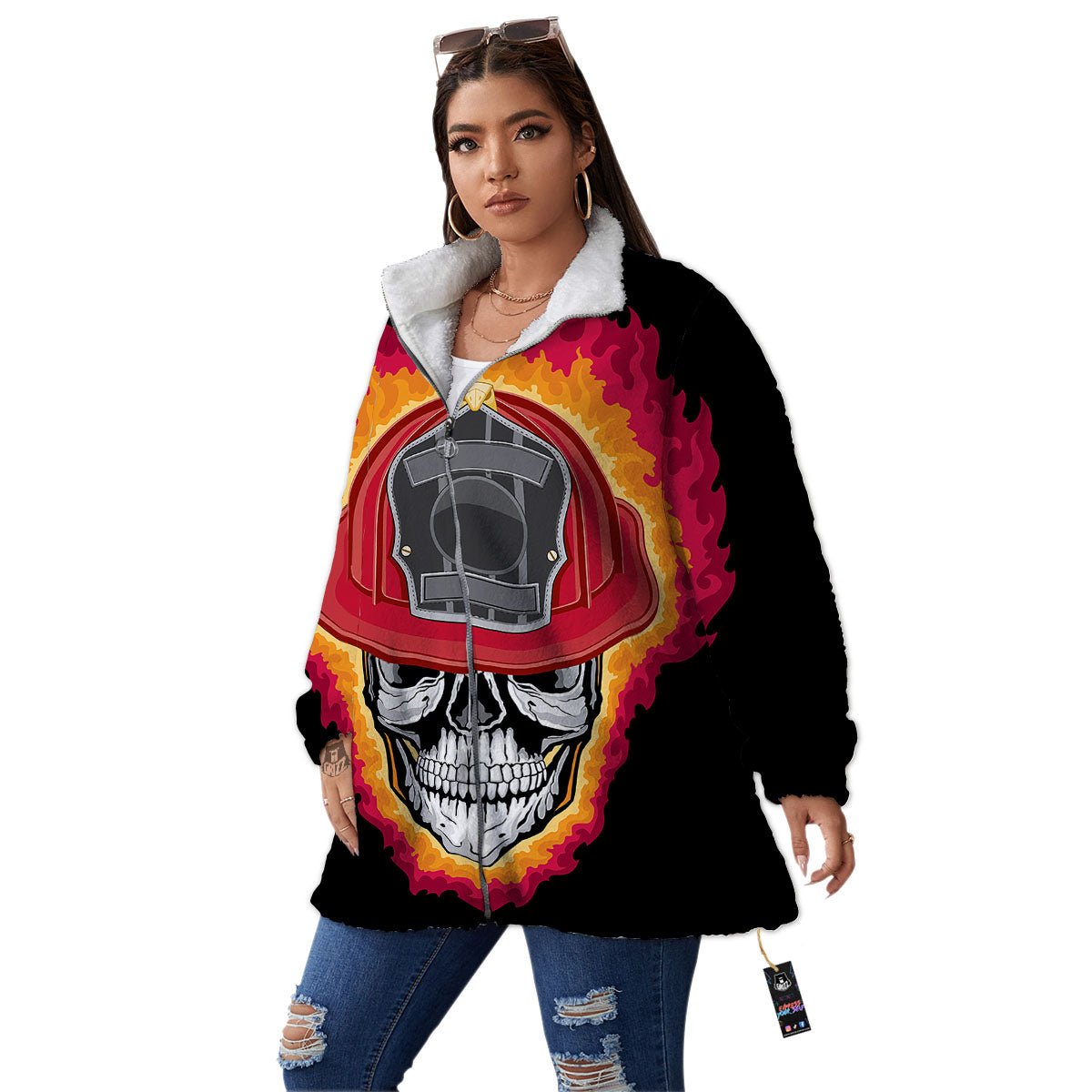 Firefighter Skull Flaming Print Women's Sherpa Jacket-grizzshop