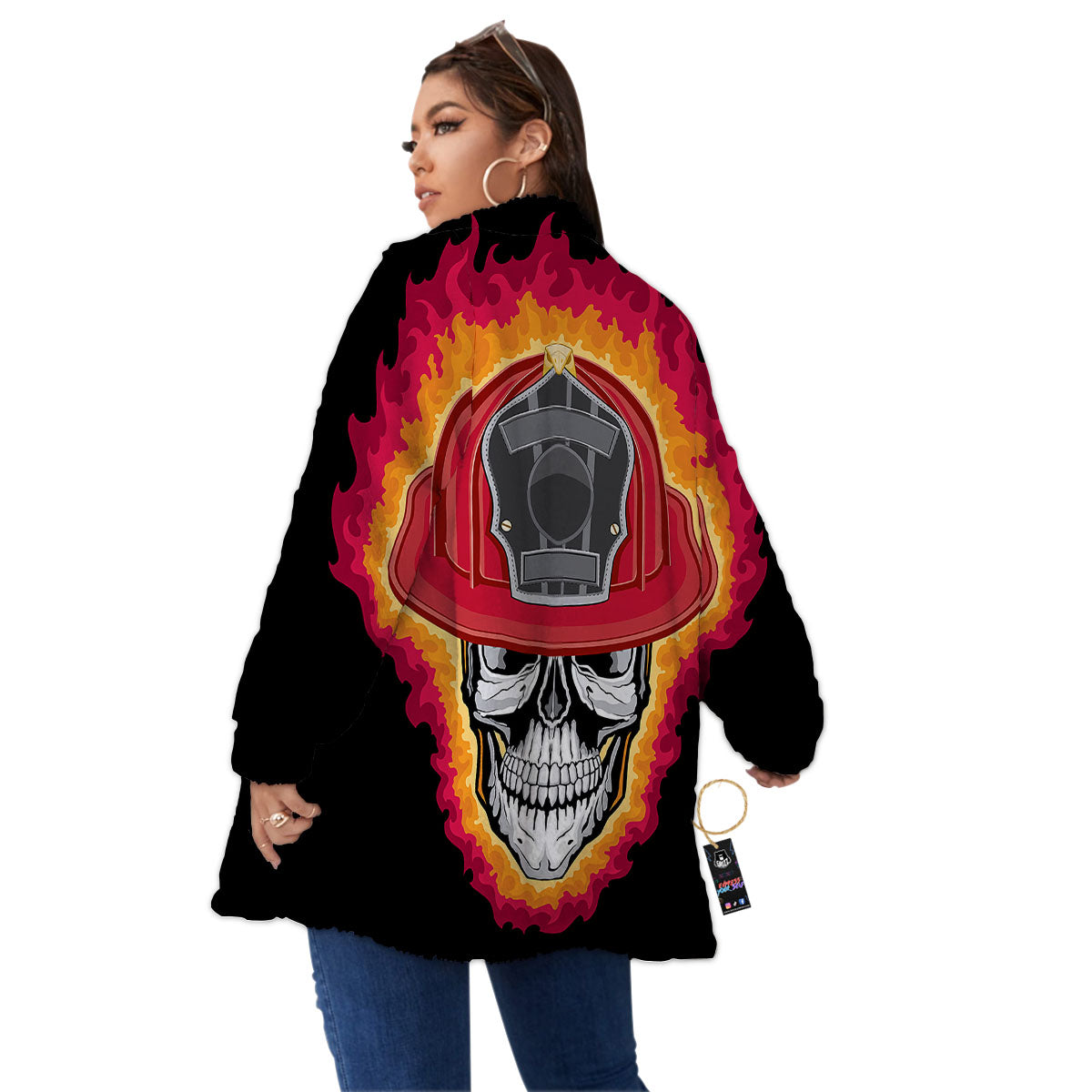 Firefighter Skull Flaming Print Women's Sherpa Jacket-grizzshop