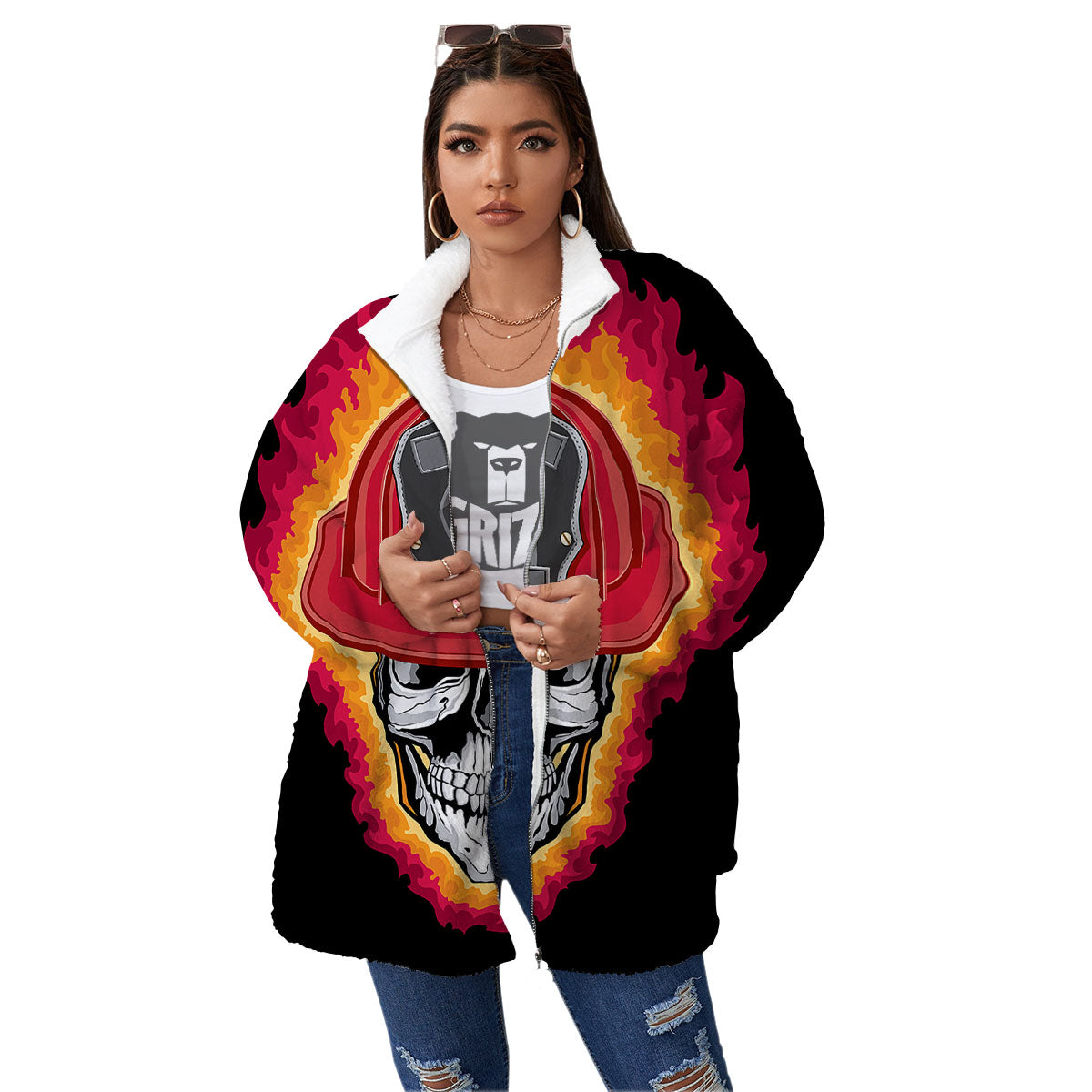 Firefighter Skull Flaming Print Women's Sherpa Jacket-grizzshop