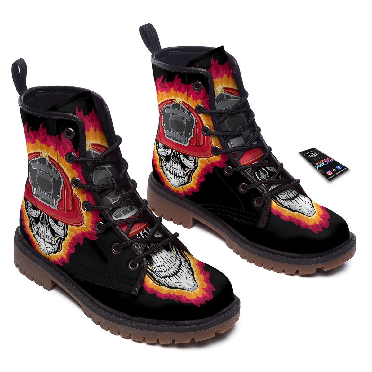 Firefighter Skull Flaming Print Work Boots-grizzshop
