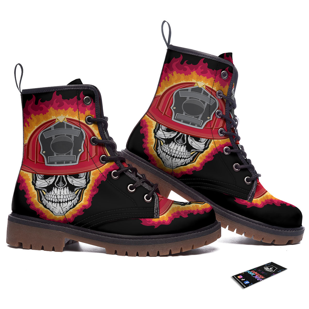 Firefighter Skull Flaming Print Work Boots-grizzshop