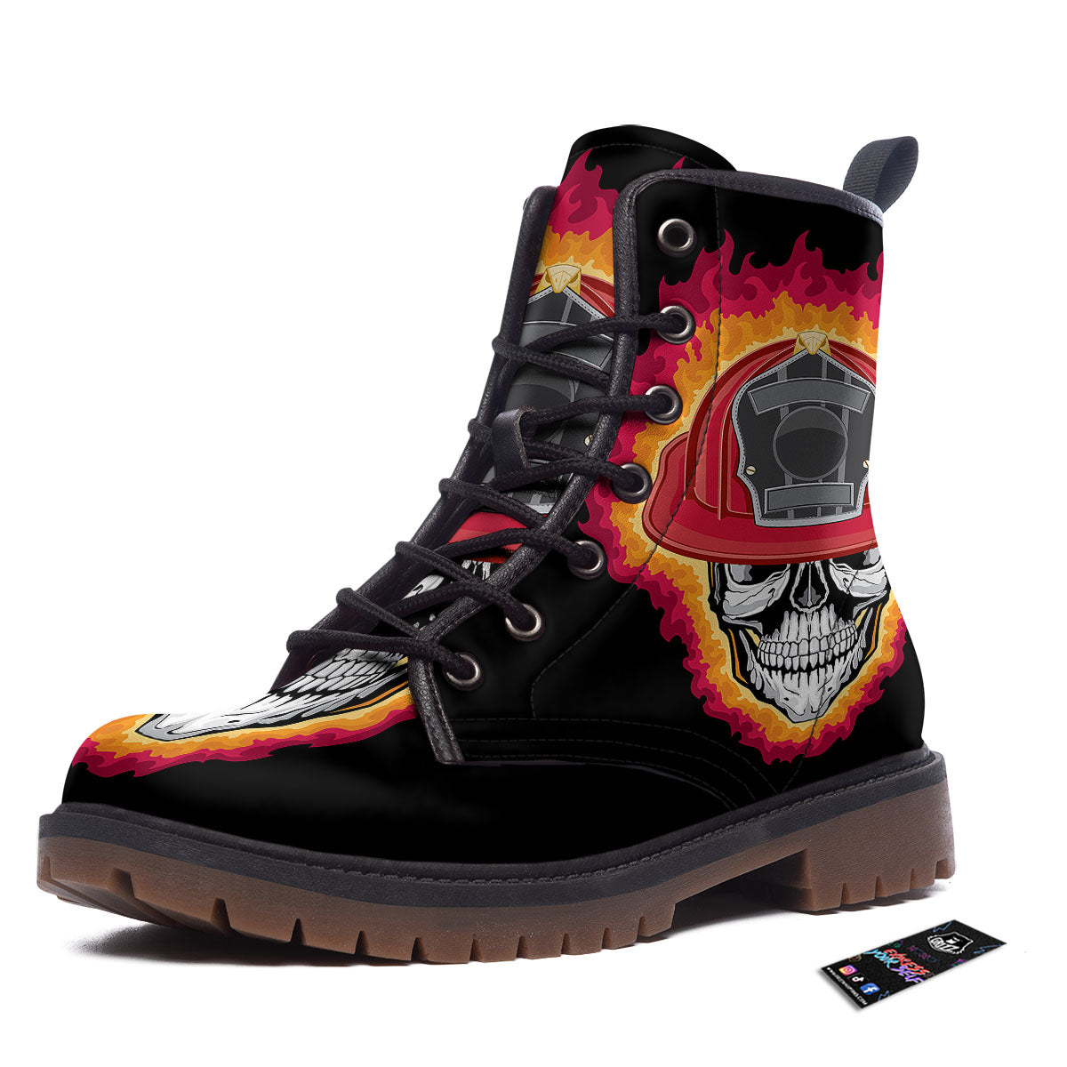 Firefighter Skull Flaming Print Work Boots-grizzshop