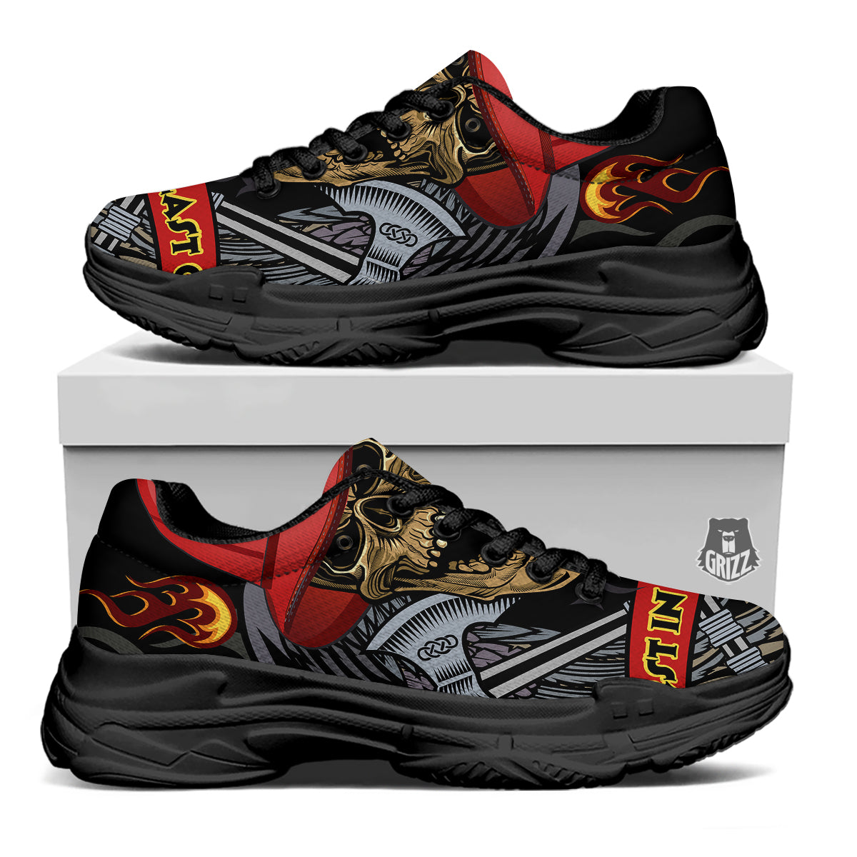 Firefighter Volunteer Print Black Chunky Shoes-grizzshop