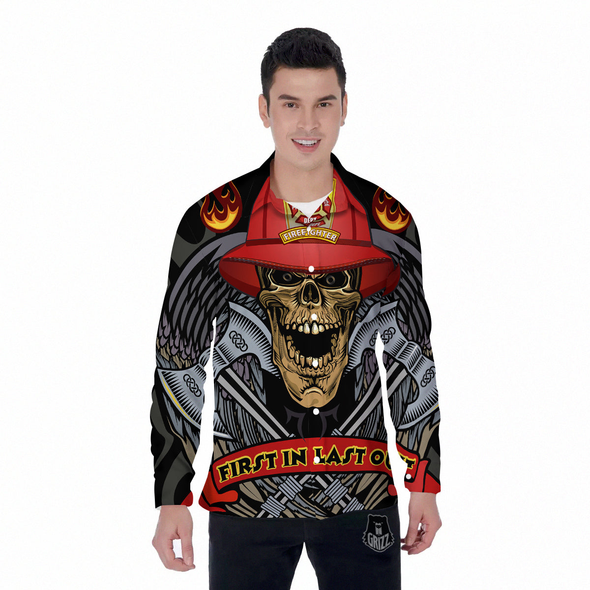 Firefighter Volunteer Print Men's Long Sleeve Shirts-grizzshop