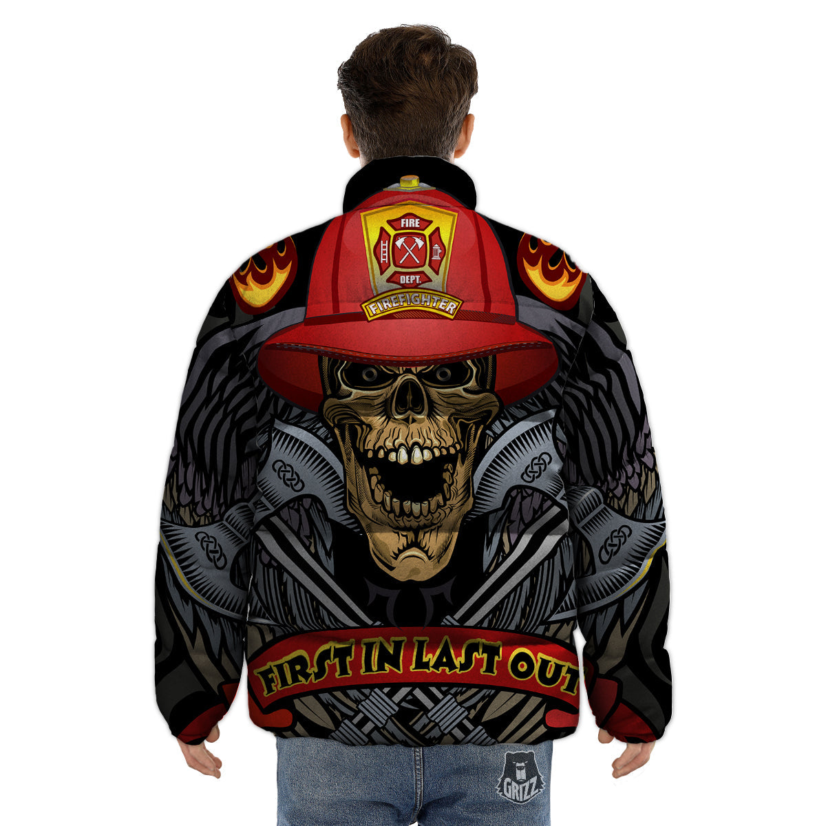 Firefighter Volunteer Print Puffer Jacket-grizzshop