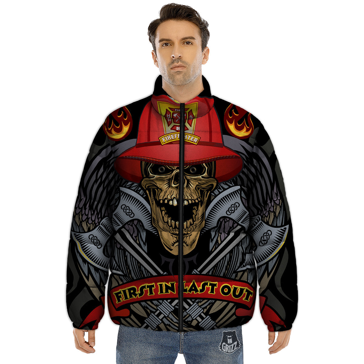 Firefighter Volunteer Print Puffer Jacket-grizzshop