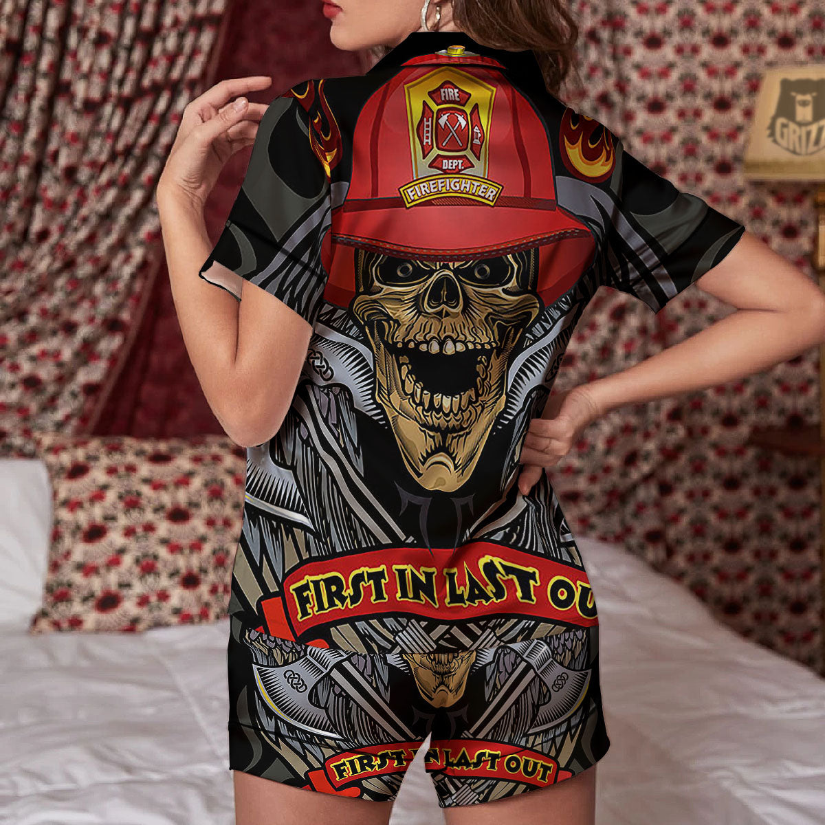 Firefighter Volunteer Print Women Silk Pajamas-grizzshop