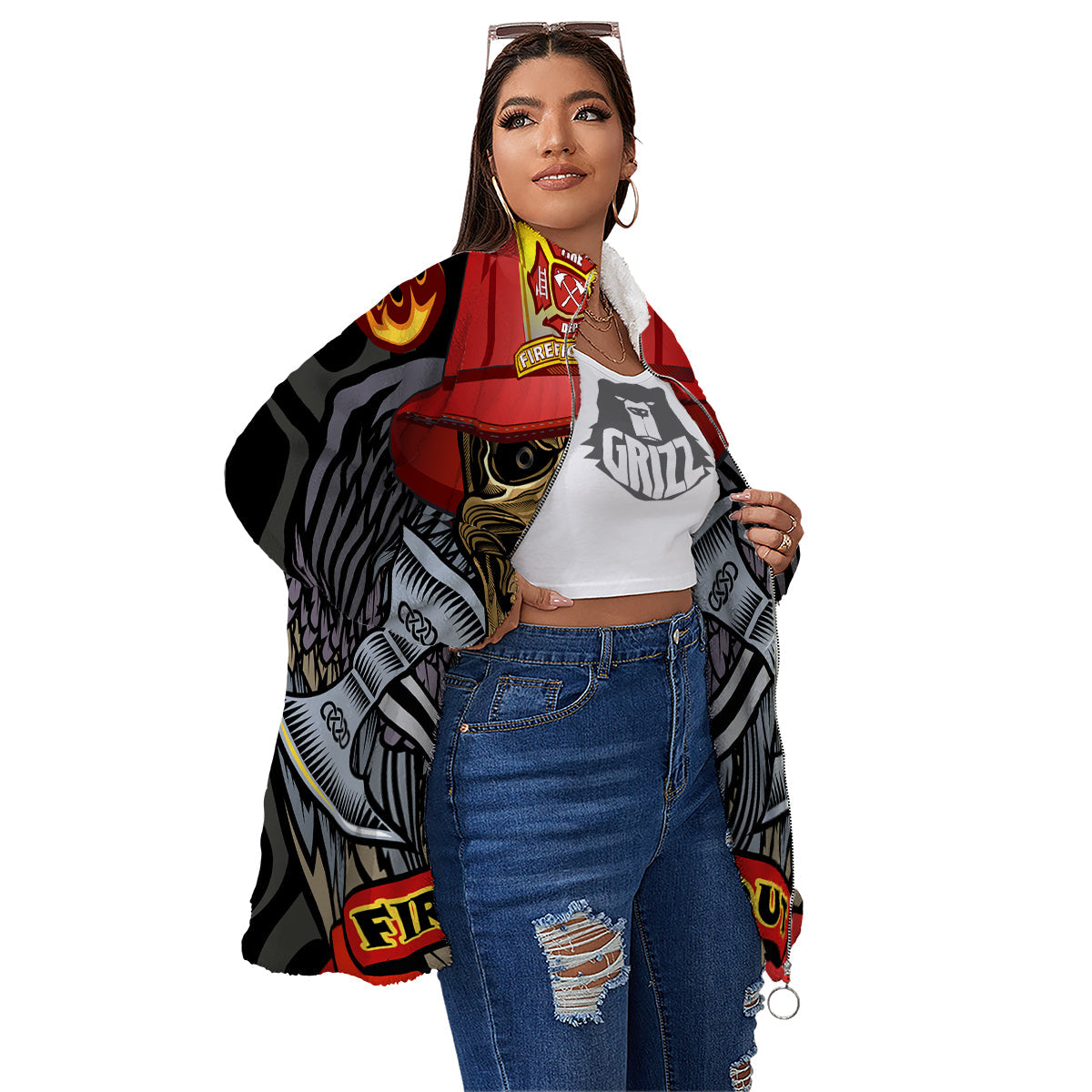 Firefighter Volunteer Print Women's Sherpa Jacket-grizzshop