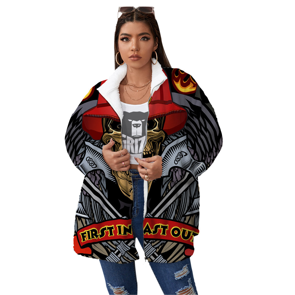 Firefighter Volunteer Print Women's Sherpa Jacket-grizzshop