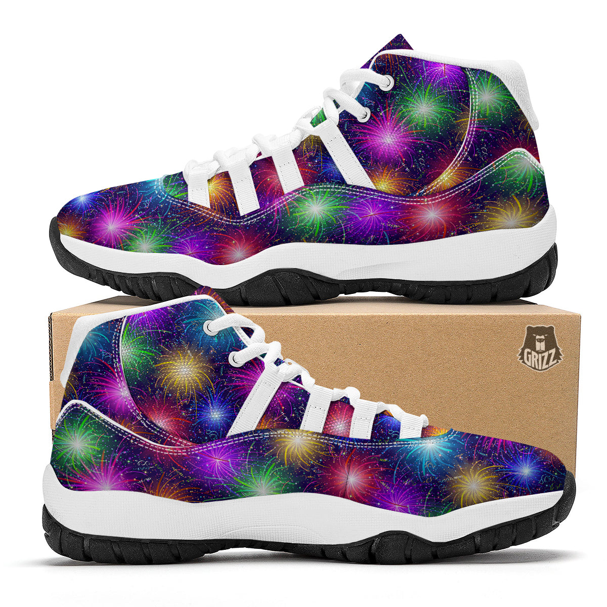 Firework Colorful Print Pattern White Bball Shoes-grizzshop